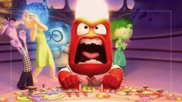 Animated characters from the film "Inside Out" expressing exaggerated emotions. The red character is shouting angrily, while the others react with fear and discomfort.