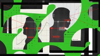 Two silhouetted profiles face opposite directions against a complex background of charts, lines, and question marks. Green abstract shapes cover parts of the image, adding to the sense of mystery and raising hindsight questions.