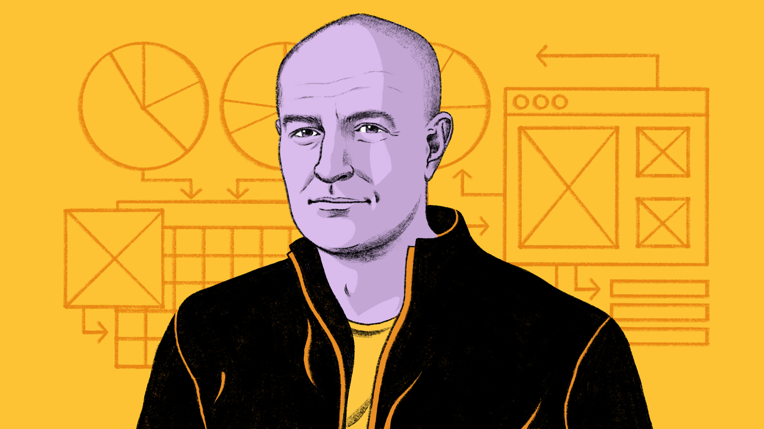 Illustration of a bald man in a black jacket standing against a yellow background, surrounded by diagrams, charts, and web design elements that evoke holistic innovation.
