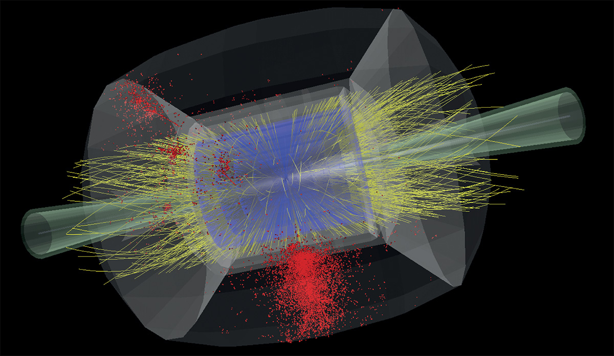 A computer-generated visualization shows particle collision data with yellow lines and red dots against a black background. The simulated particles appear to interact within a transparent geometric shape.