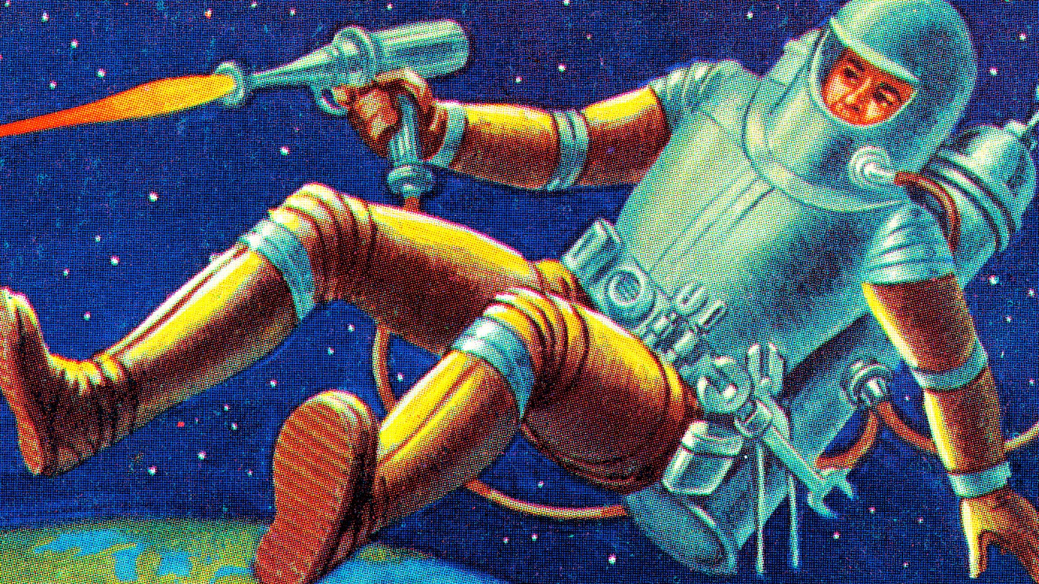 Retro illustration of an astronaut in a space suit floating in space, using a handheld thruster to maneuver, with a backdrop of stars and part of Earth visible.