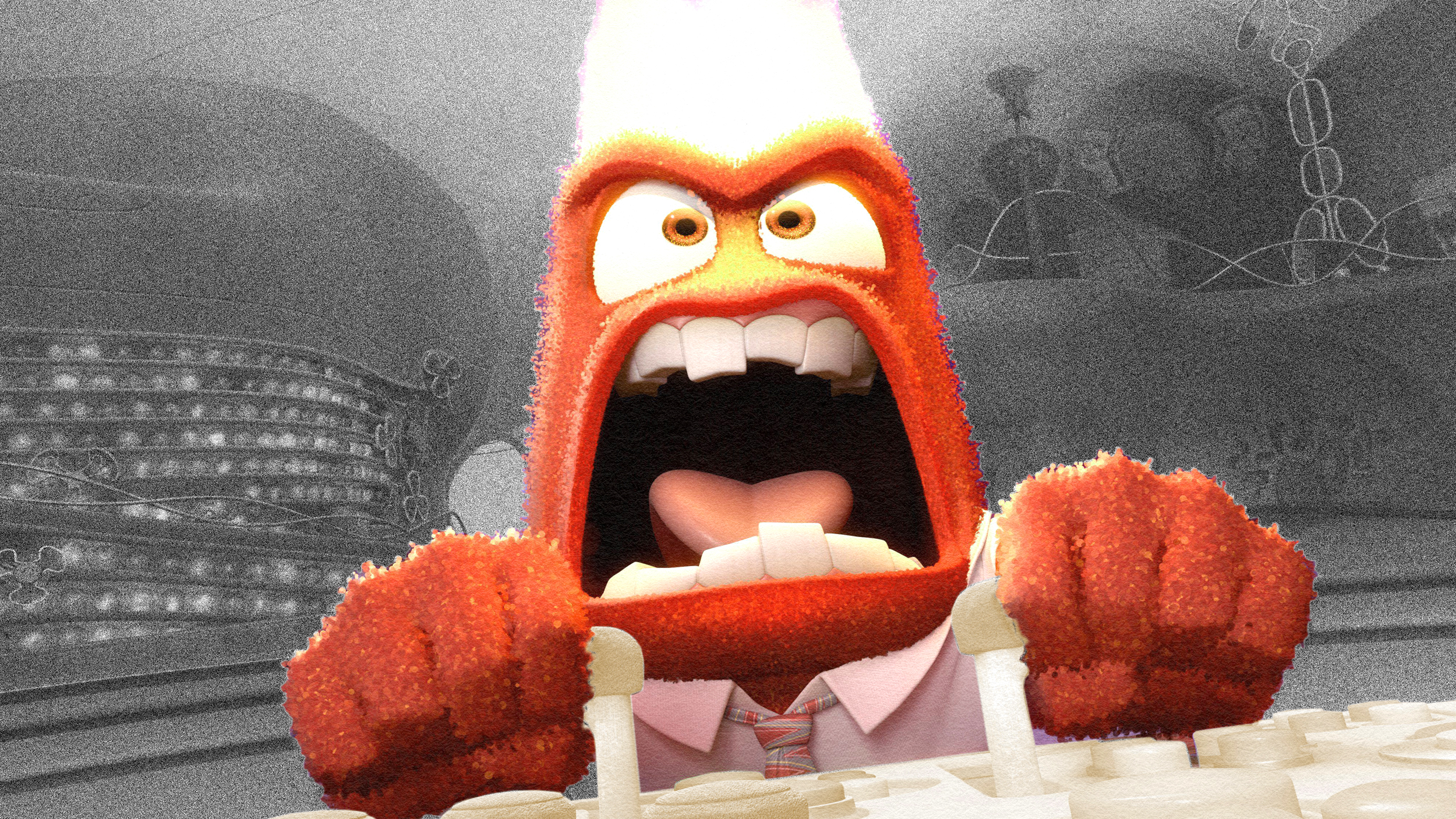 A red, fuzzy cartoon character with a flame-like head is depicted in an overly emotional state, gripping control levers in a control room setting.