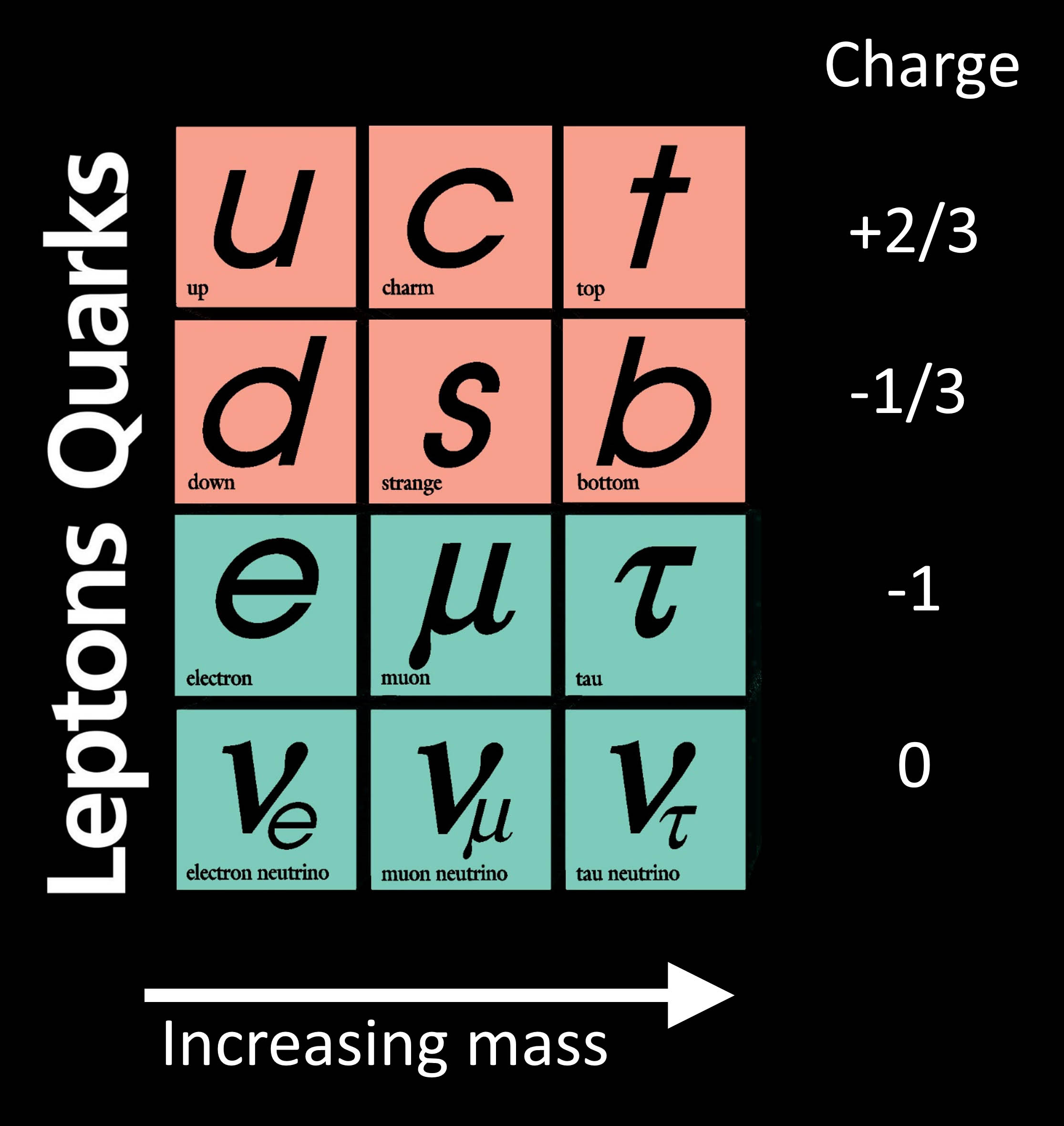 Grafico che mostra le particelle nel Modello Standard della fisica. Quark (in alto: up, charm, in alto / in basso: down, strange, in basso) e Leptoni (in alto: elettrone, muone, tau / in basso: neutrino elettronico, neutrino muonico, neutrino tau) con le loro cariche corrispondenti. La massa aumenta da sinistra a destra.