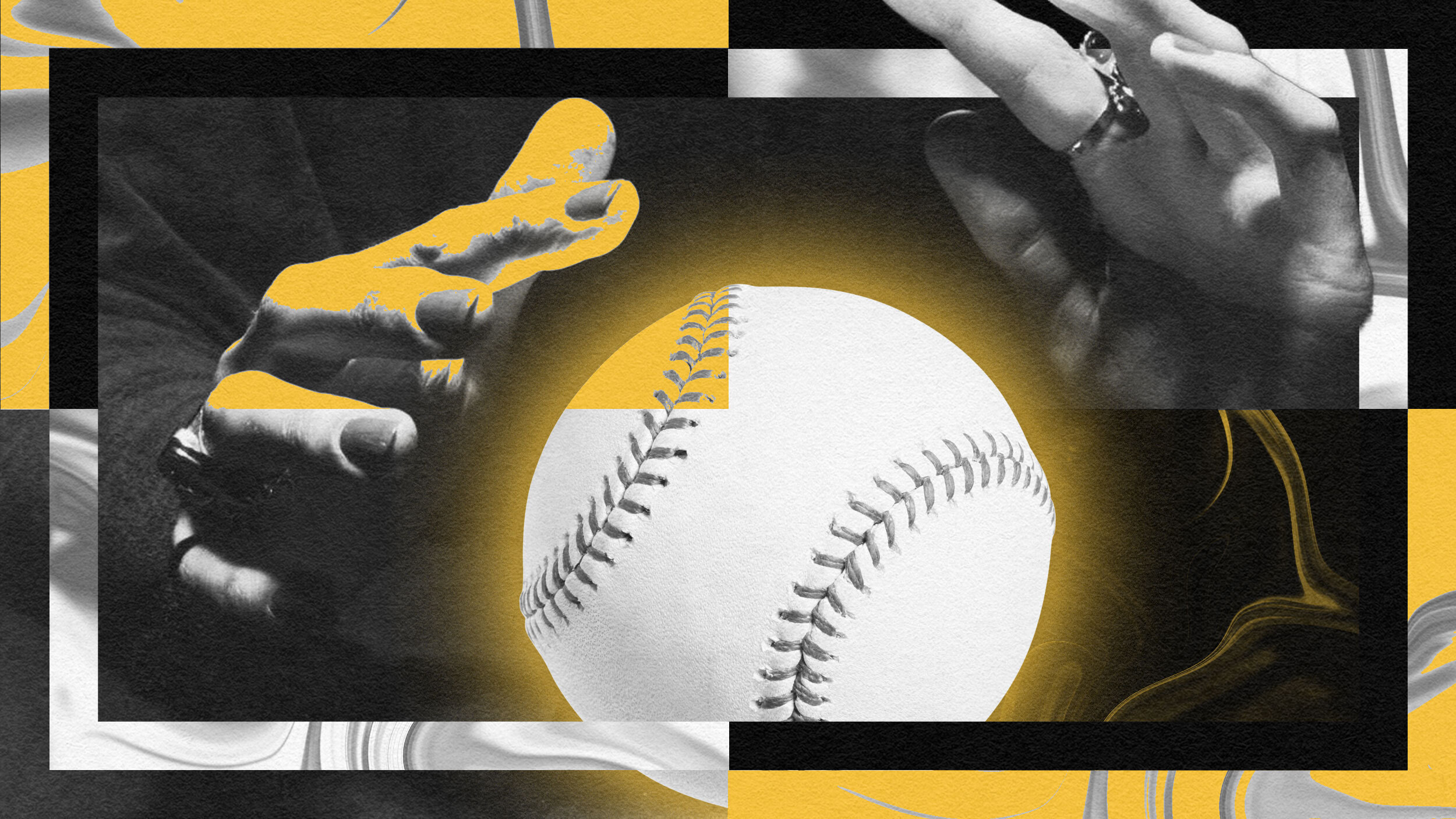 A pair of hands appears to be gently tossing a baseball, reminiscent of Moneyball strategy. The image, accented with a yellow glow around the baseball, features a modern, abstract black and white design with an AI-inspired touch.