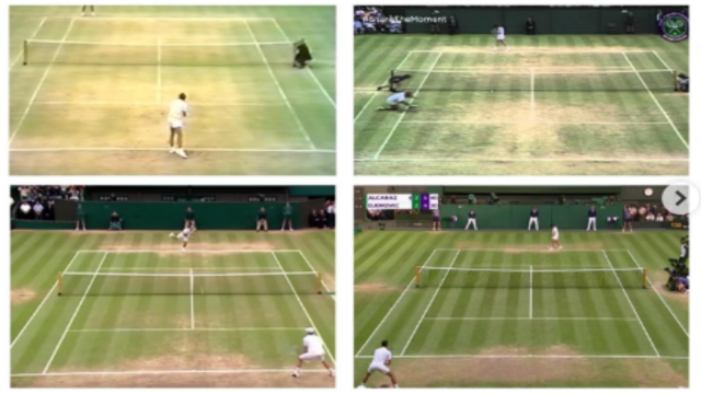 Four images of tennis matches on grass courts, showing different stages of play, each with two players. The courts show varying degrees of wear from fresh to significantly worn.