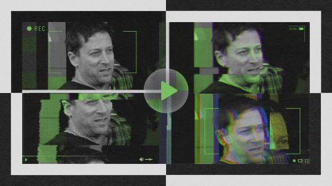 A collage of four glitchy video stills featuring the same man with various dramatic expressions, overlaid with green and purple digital distortion effects. A play button icon rests in the center, hinting at the lessons of hindsight within.