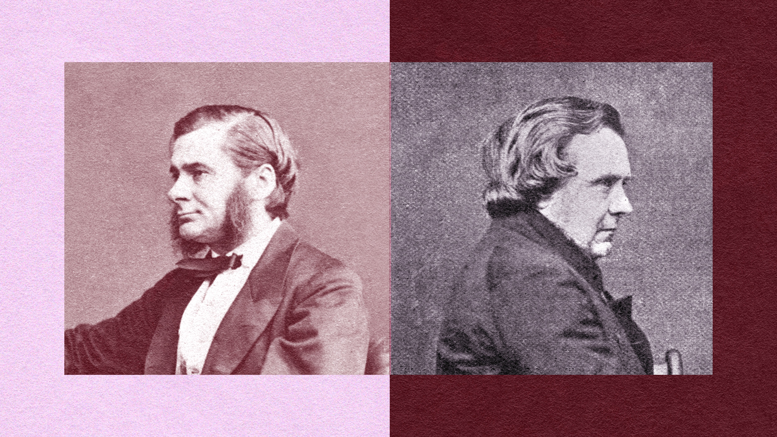 Side-by-side sepia-toned portrait images of huxley and wilberforce in 19th-century attire, facing opposite directions, merged with a vertical dividing line.
