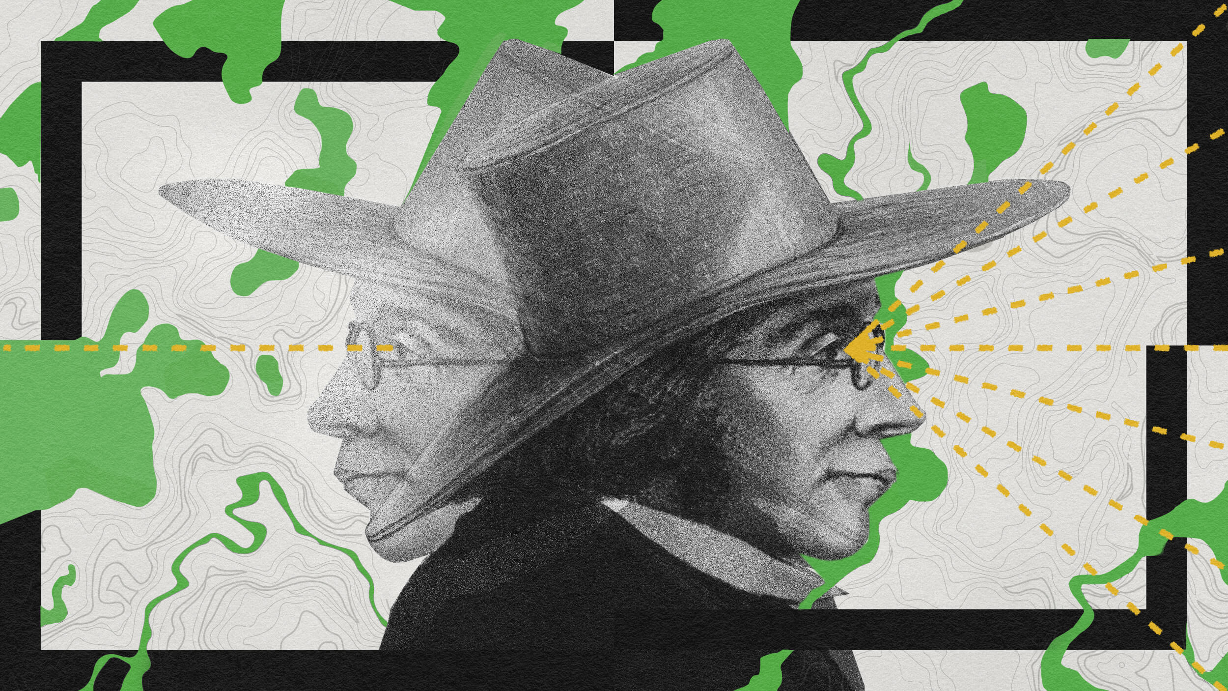 Illustration of a person wearing a hat, facing both left and right. Yellow dotted lines connect their eyes to rectangular frames, echoing the dual perspectives central to Kierkegaard's philosophy. Green splashes and line patterns form the background.