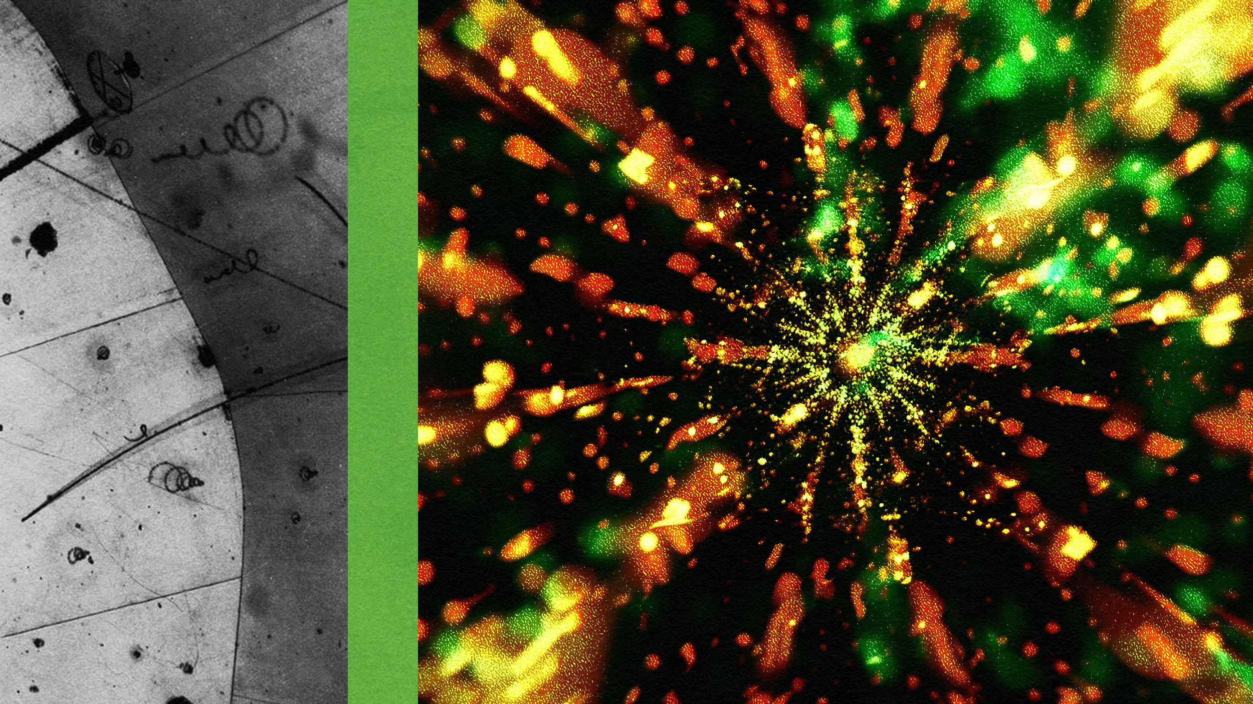 A black and white particle track image on the left and a colorful representation of a neutrino.