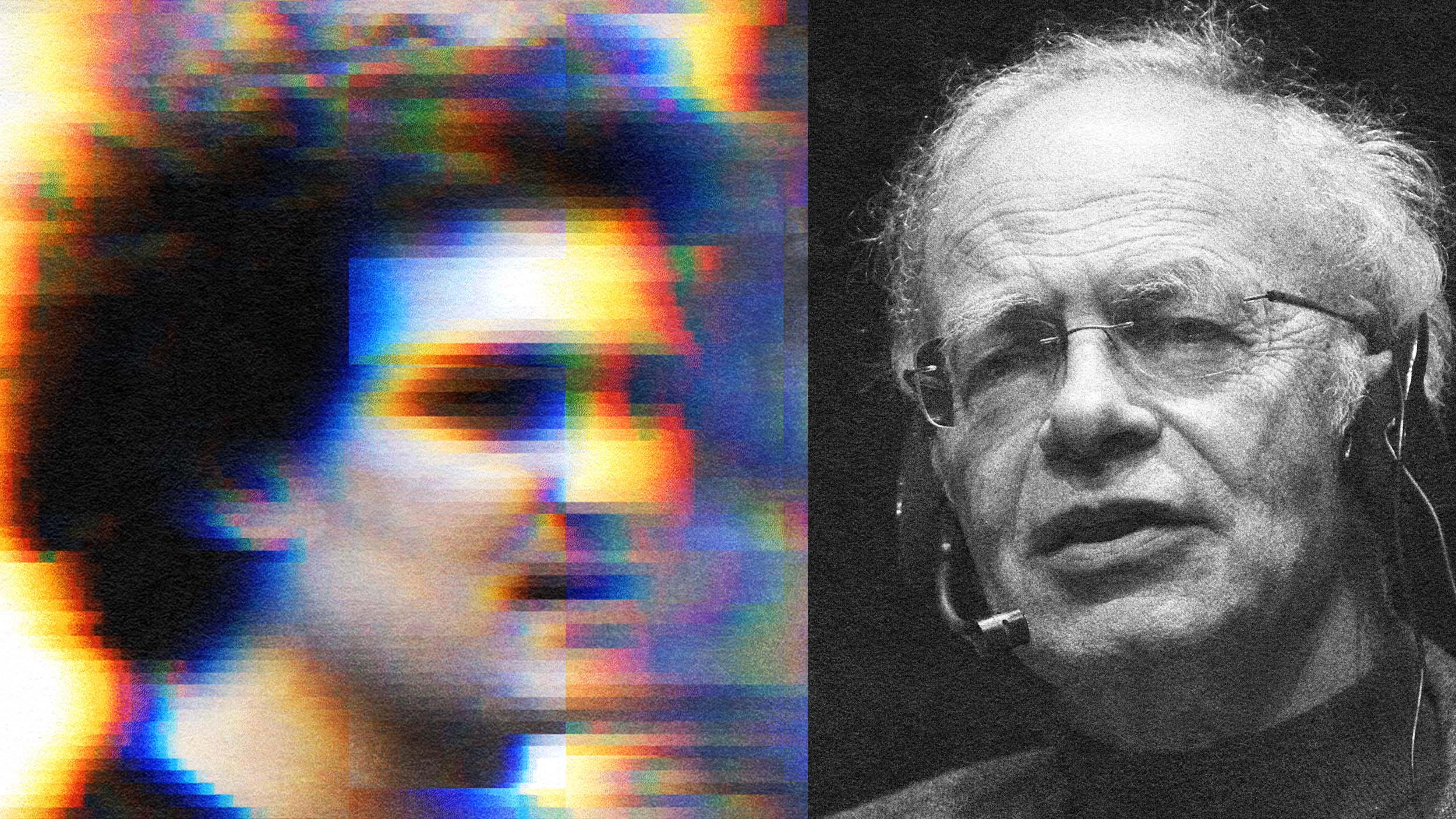 A split image with a blurred, colorful portrait of Sam Bankman-Fried on the left and Peter Singer on the right.