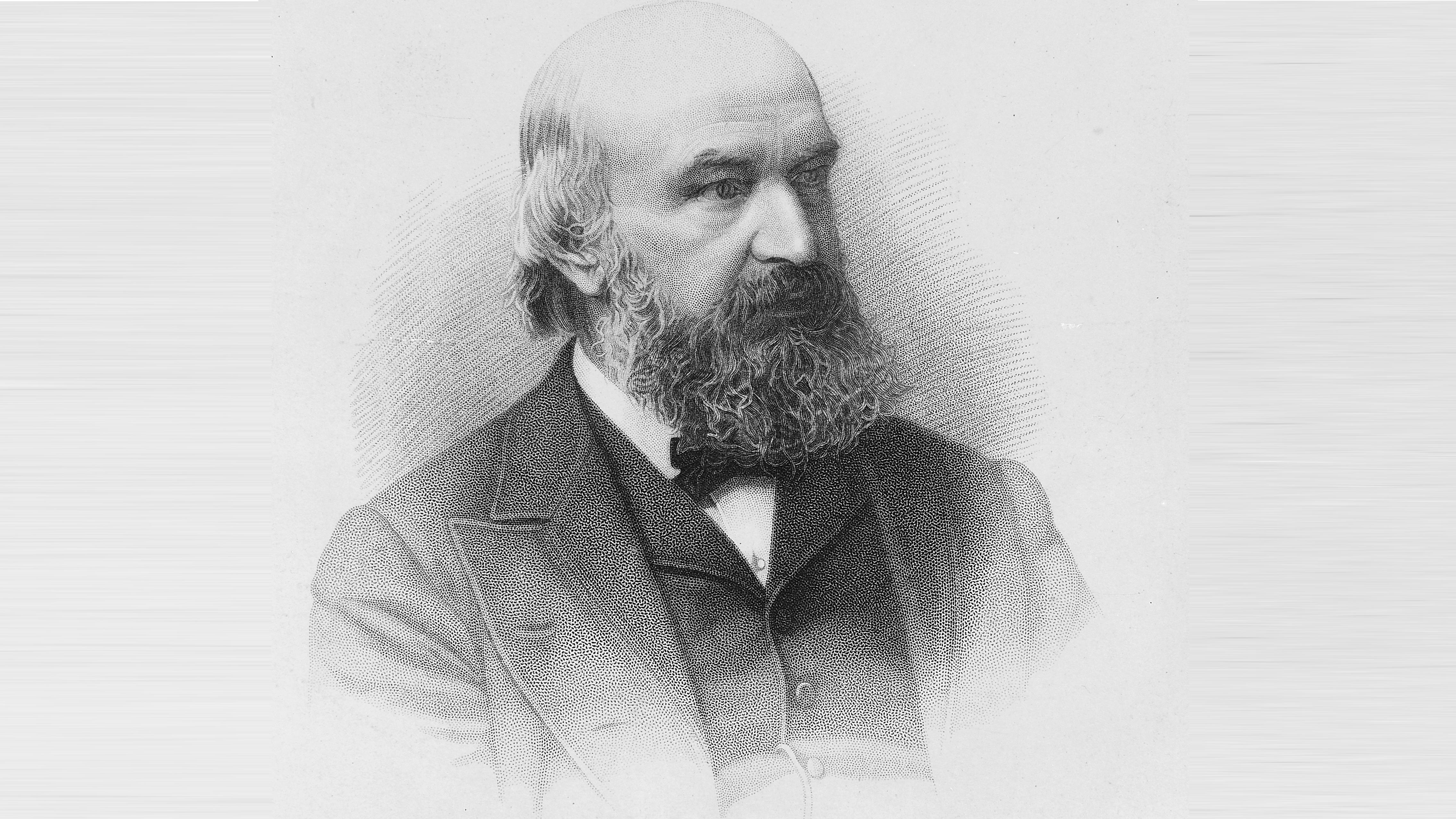 Black and white sketch of a bald man with a long beard, wearing a suit and bow tie, looking to his left.