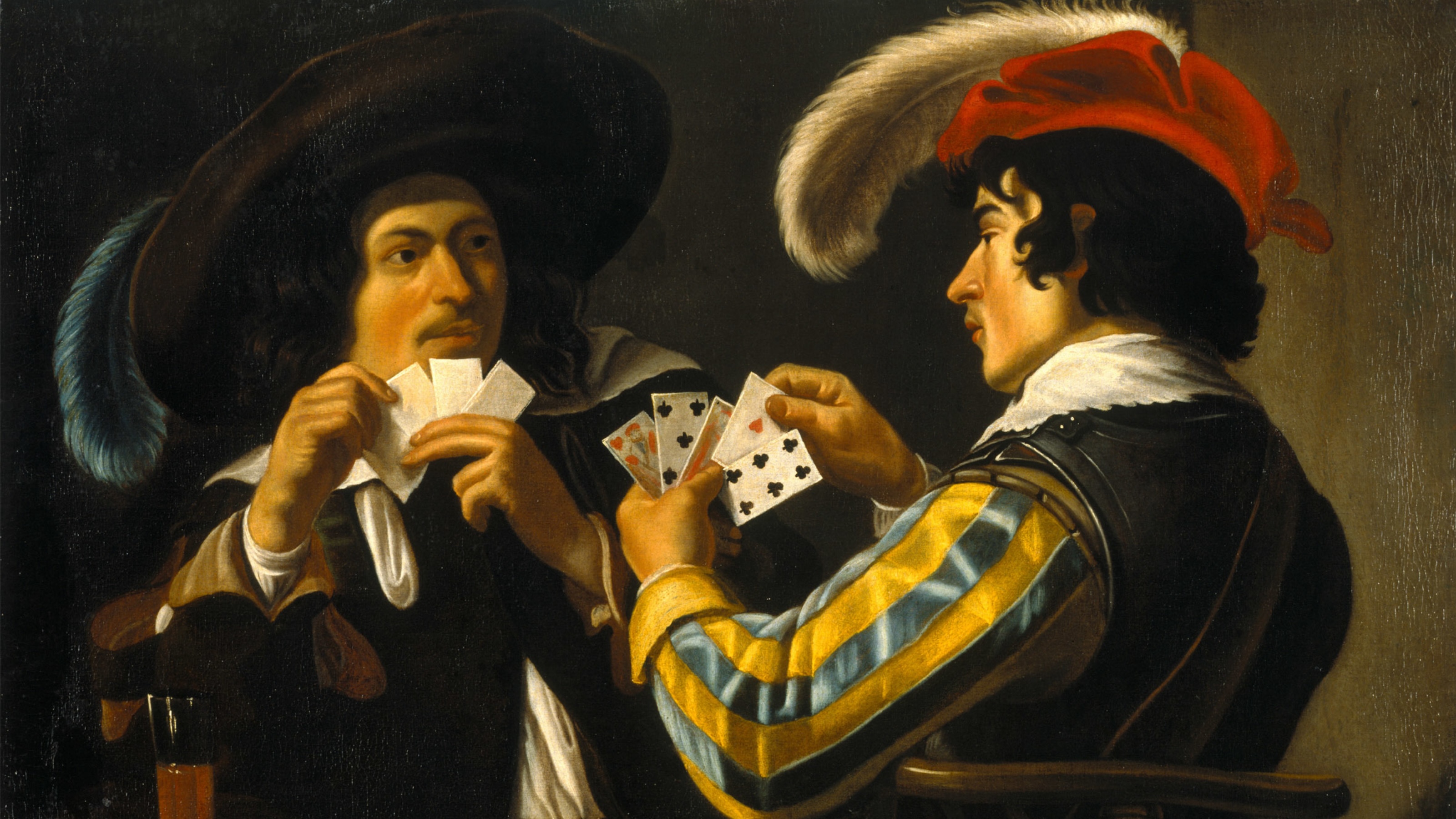 Two men are seated at a table playing cards. One wears a feathered hat and striped clothing, while the other has a large dark hat. Both are intensely focused on the game, each hoping luck will favor their next move.