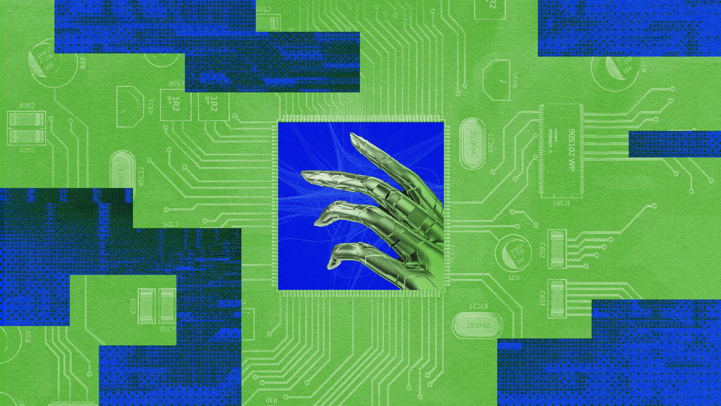 A robotic hand is centered against a blue background, surrounded by a green and blue circuit board pattern, symbolizing the intricate processes of math AI and why machines learn.