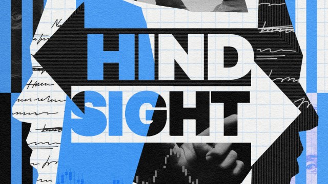 Abstract artwork featuring two silhouettes facing opposite directions, with the word "Hindsight" prominently displayed in the center. Background elements include handwritten notes, financial graphs, and a computer.