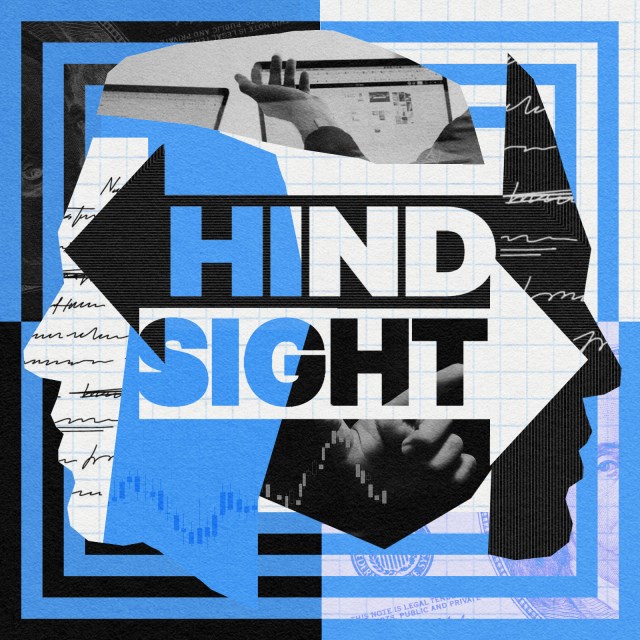 Abstract artwork featuring two silhouettes facing opposite directions, with the word "Hindsight" prominently displayed in the center. Background elements include handwritten notes, financial graphs, and a computer.