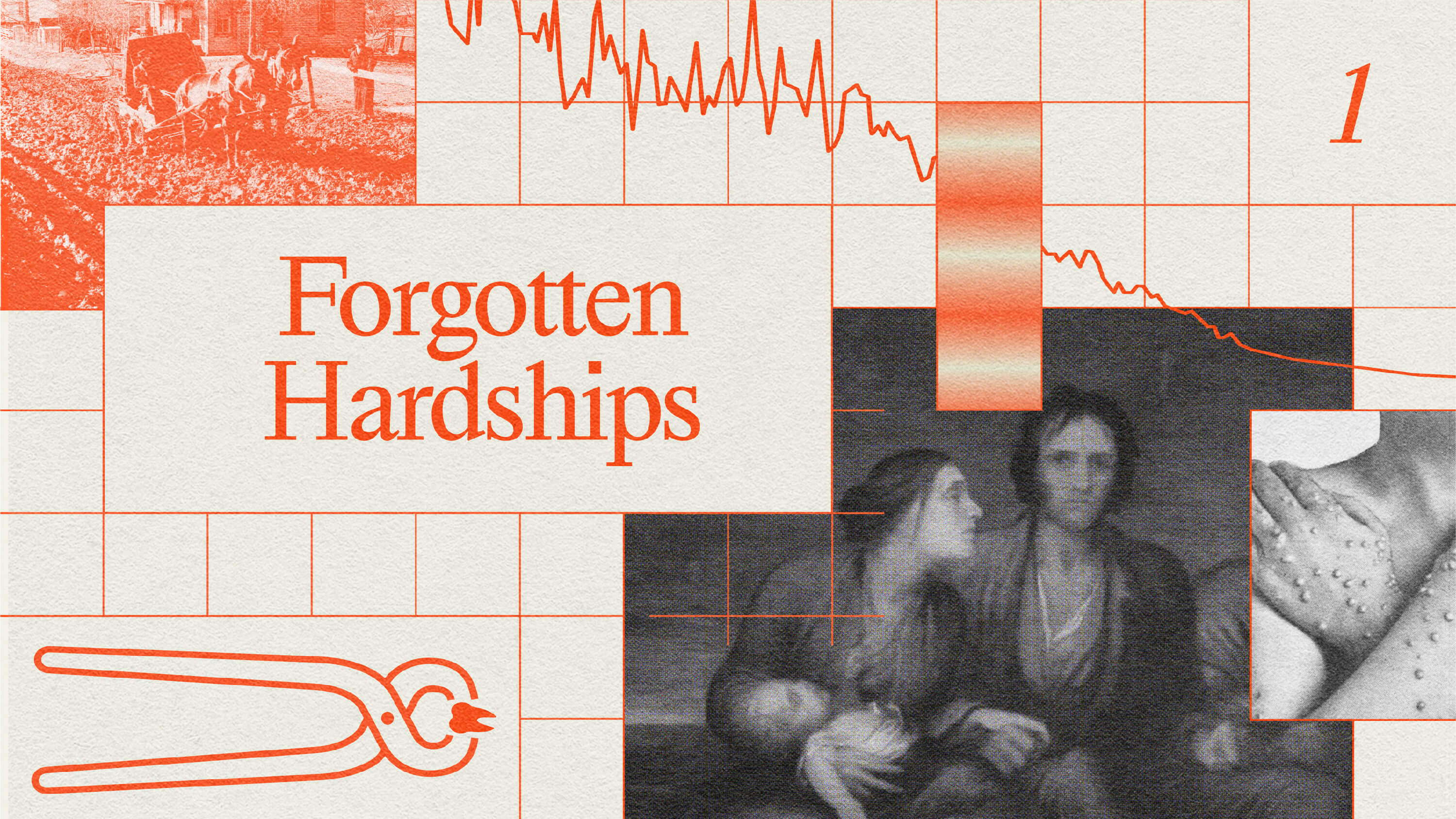 A collage featuring the text "Forgotten Hardships," images of a struggling family, a graph, a historical farming scene, hands with a skin condition, and an illustration of a caliper.
