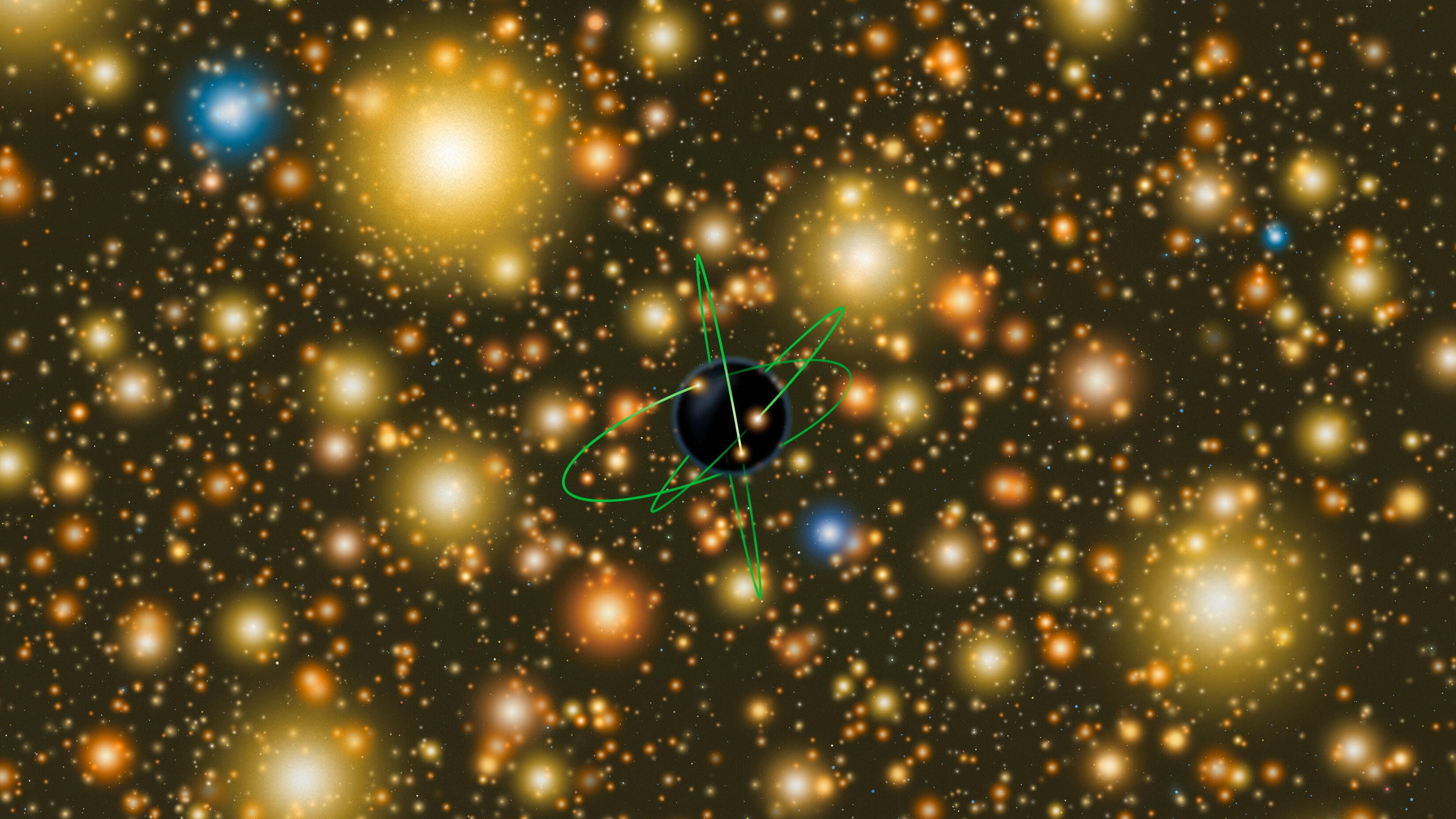An illustration of a black hole surrounded by countless colorful stars in space, with several green lines indicating orbital paths around the black hole.