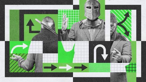 Collage featuring a person in medieval armor and a suit, with various arrows, grids, and abstract designs in green, black, and white. The composition blends historical and modern elements with an infusion of startup wisdom.