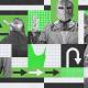 Collage featuring a person in medieval armor and a suit, with various arrows, grids, and abstract designs in green, black, and white. The composition blends historical and modern elements with an infusion of startup wisdom.