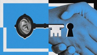 Illustration of a key with an ear inside its head part on the left and a hand holding another hand with a keyhole between them on the right. The background, reminiscent of Dale Carnegie's principles, features blue and black geometric shapes.