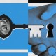 Illustration of a key with an ear inside its head part on the left and a hand holding another hand with a keyhole between them on the right. The background, reminiscent of Dale Carnegie's principles, features blue and black geometric shapes.