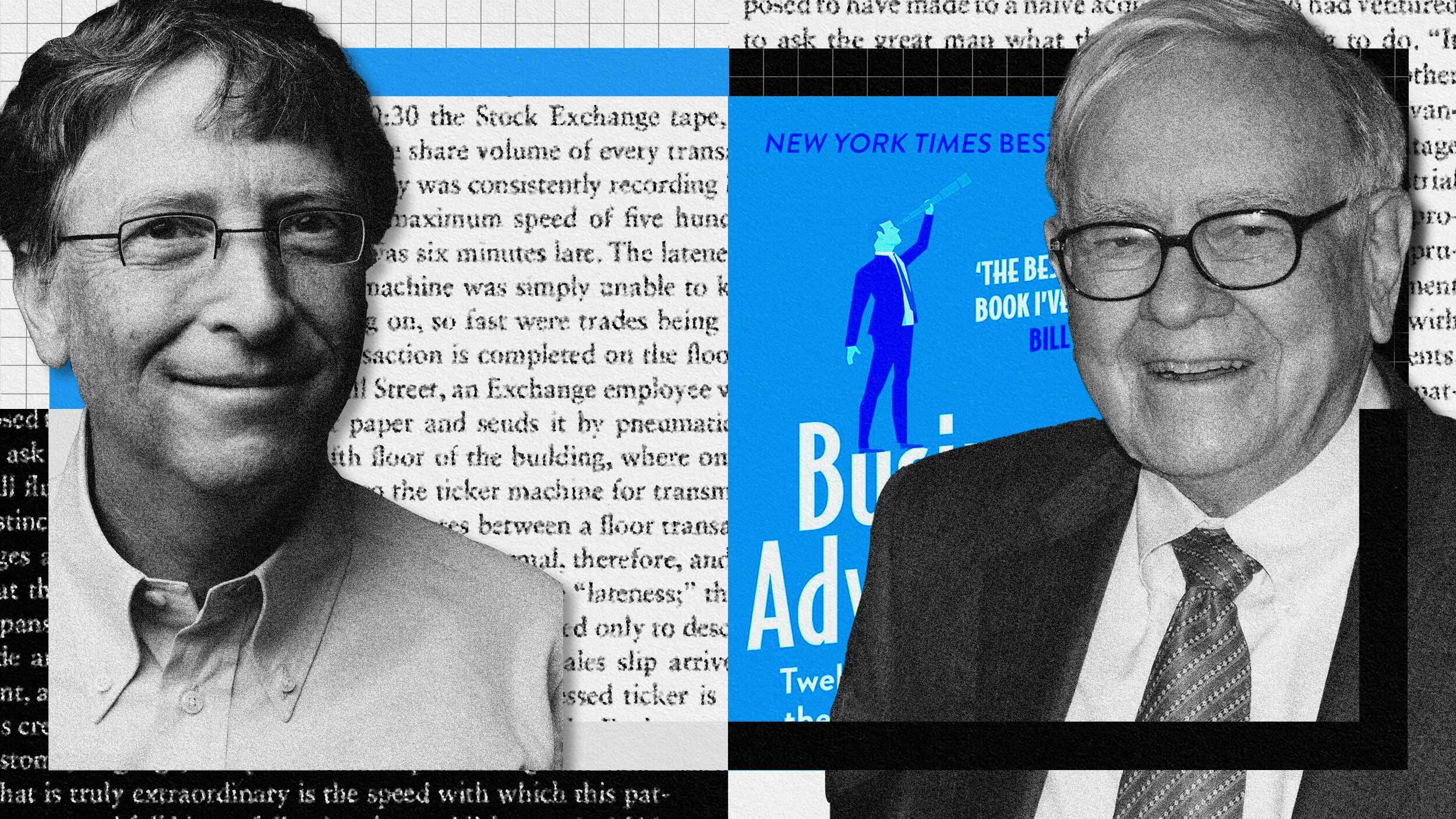 Two elderly men in glasses smiling. One man wears a white shirt and the other a suit and tie. The background features a blue book cover titled "Business Adventures," symbolizing their connection through timeless business wisdom.
