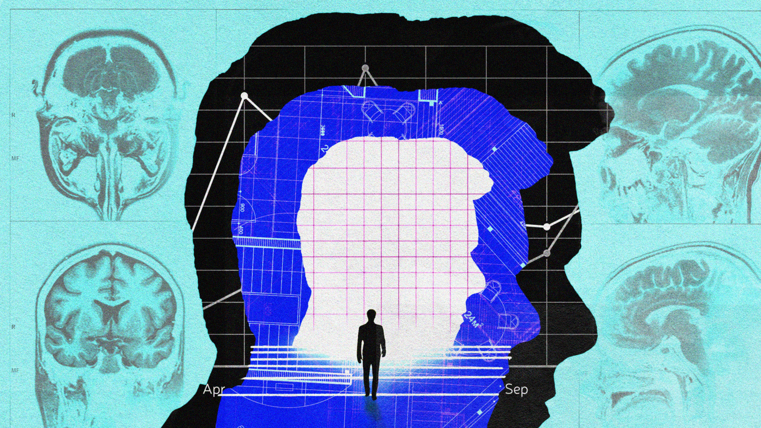 Abstract image featuring a human silhouette filled with various medical and neural diagrams, with brain scan images in the background. A small figure is walking towards the center, symbolizing the long game.