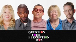 Five people of diverse backgrounds are lined up against a white background with the text "Question Your Perception Box" displayed below them.