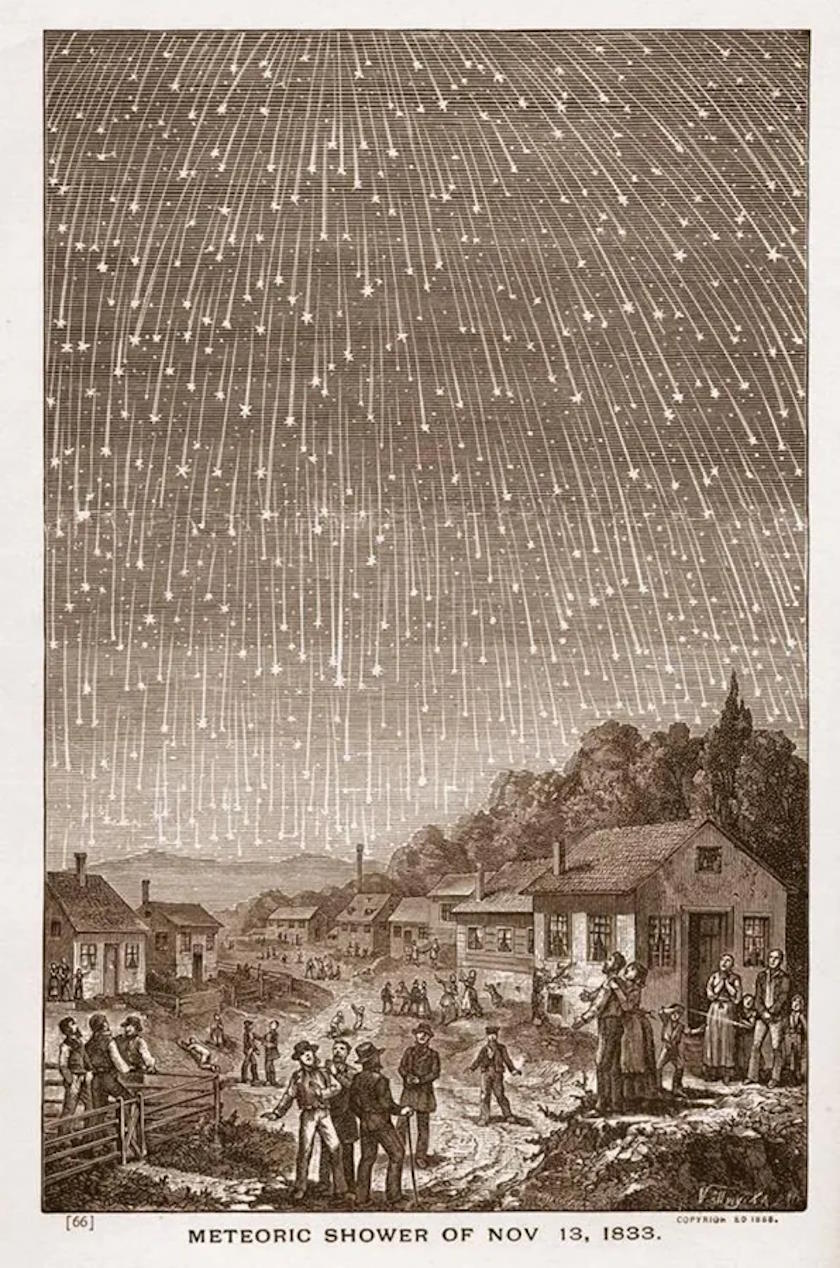 Illustration of the meteor shower that occurred on November 13, 1833, showing numerous meteors streaking across the night sky above a town, with people observing from the ground.