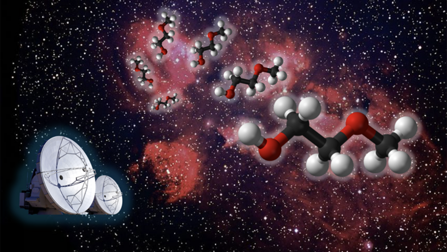 Illustration of radio telescopes detecting propylene oxide molecules in space, against a star-filled galaxy background.