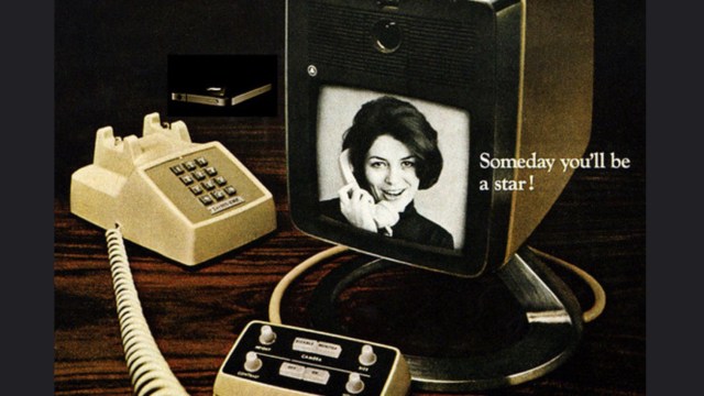 A retro scene featuring a beige rotary phone, an early video calling device displaying a woman's photo, and a control panel. The text reads, "Someday you'll be a star!.