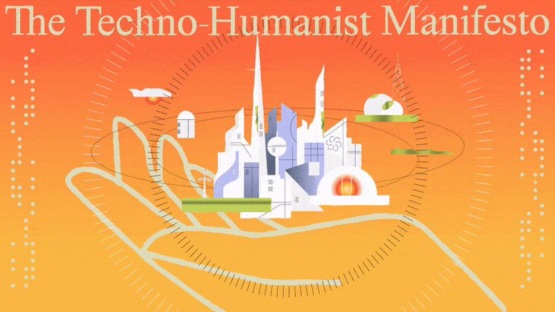 An illustration of a futuristic city cradled in a hand, set against a gradient orange background, with the title "The Techno-Humanist Manifesto" at the top.