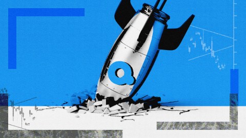 Illustration of a rocket with a blue circle logo crashing into the ground, resembling the Quibi crash, with financial chart elements in the background.