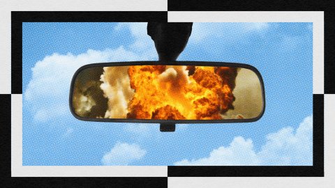 Rearview mirror reflecting the aftermath of an explosion against a backdrop of a clear, partly cloudy sky, capturing the essence of a hindsight dilemma.