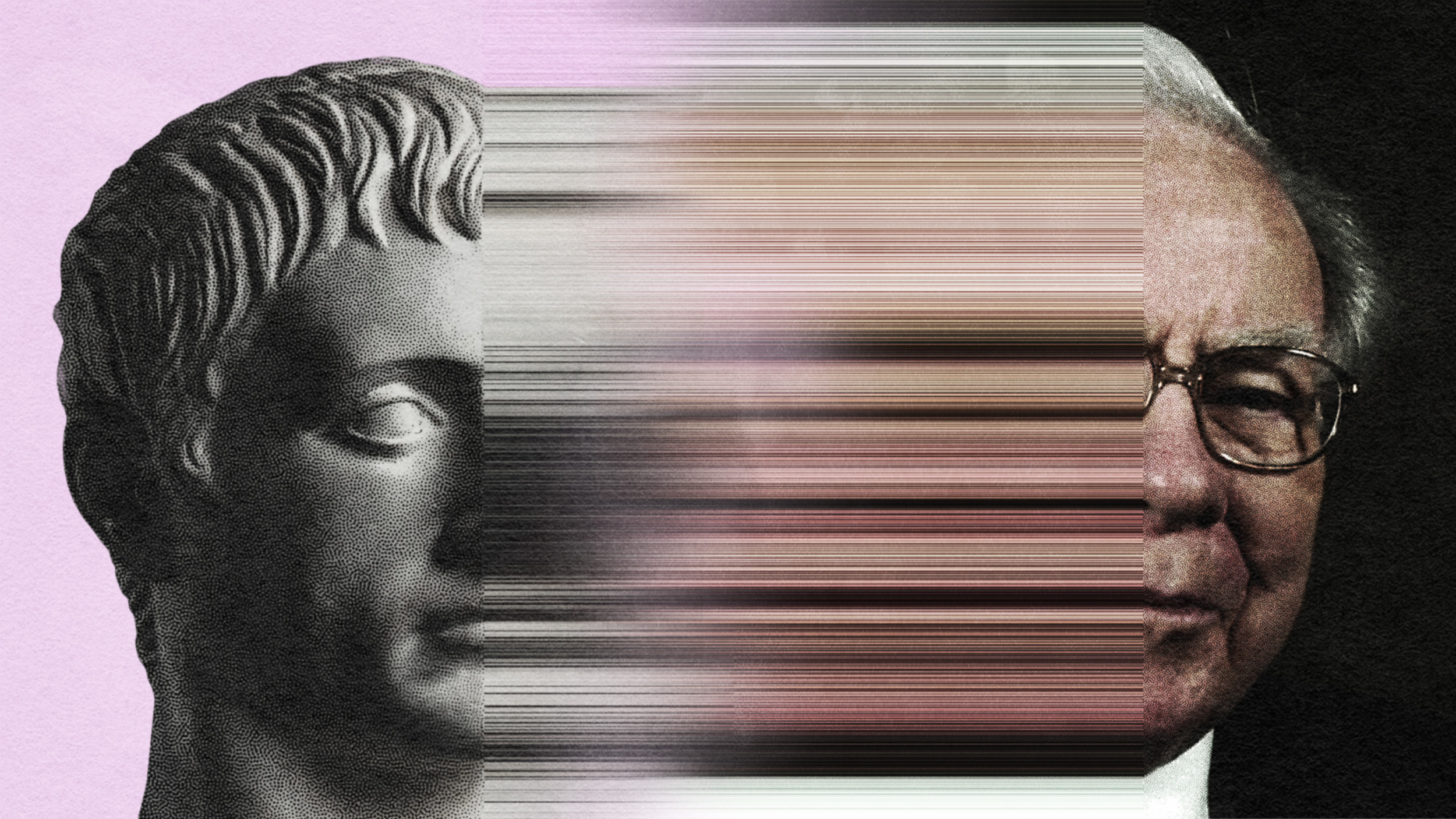 An image showing a marble statue of a man on the left, transitioning with a stoic edge into a distorted, pixelated region, followed by part of a man's face on the right.