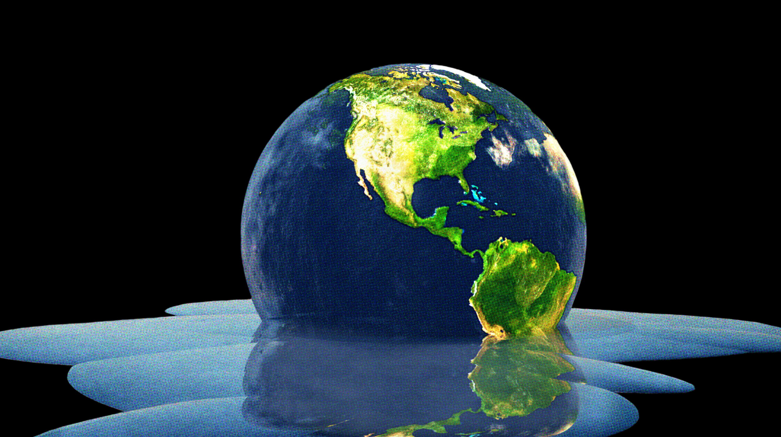 The Earth partially submerged in water, symbolizing climate change and rising sea levels, against a black background.