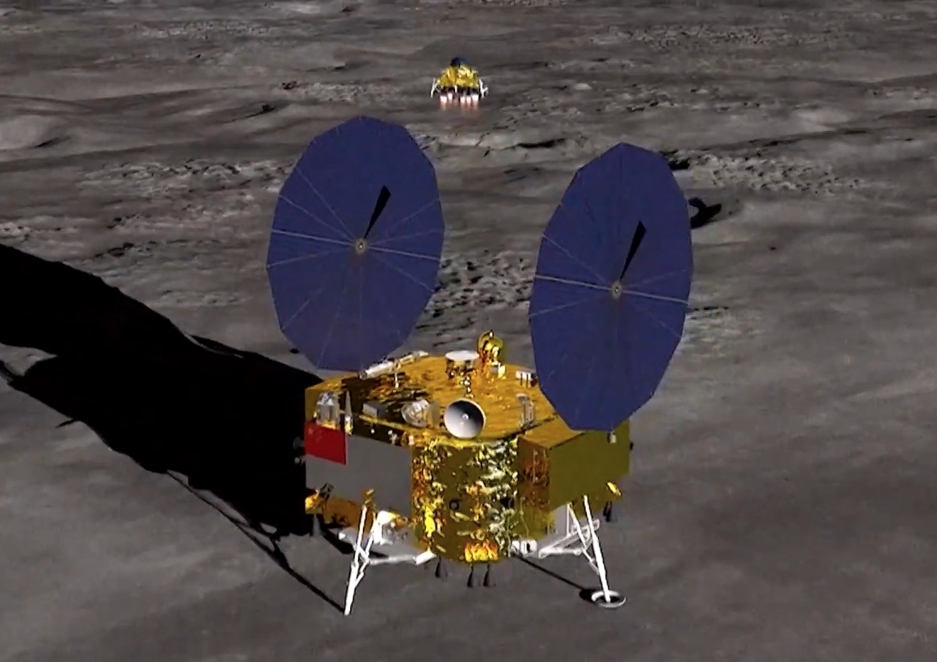 Gold-colored lunar lander with blue solar panels on the moon's surface, with a second smaller lander visible in the background.