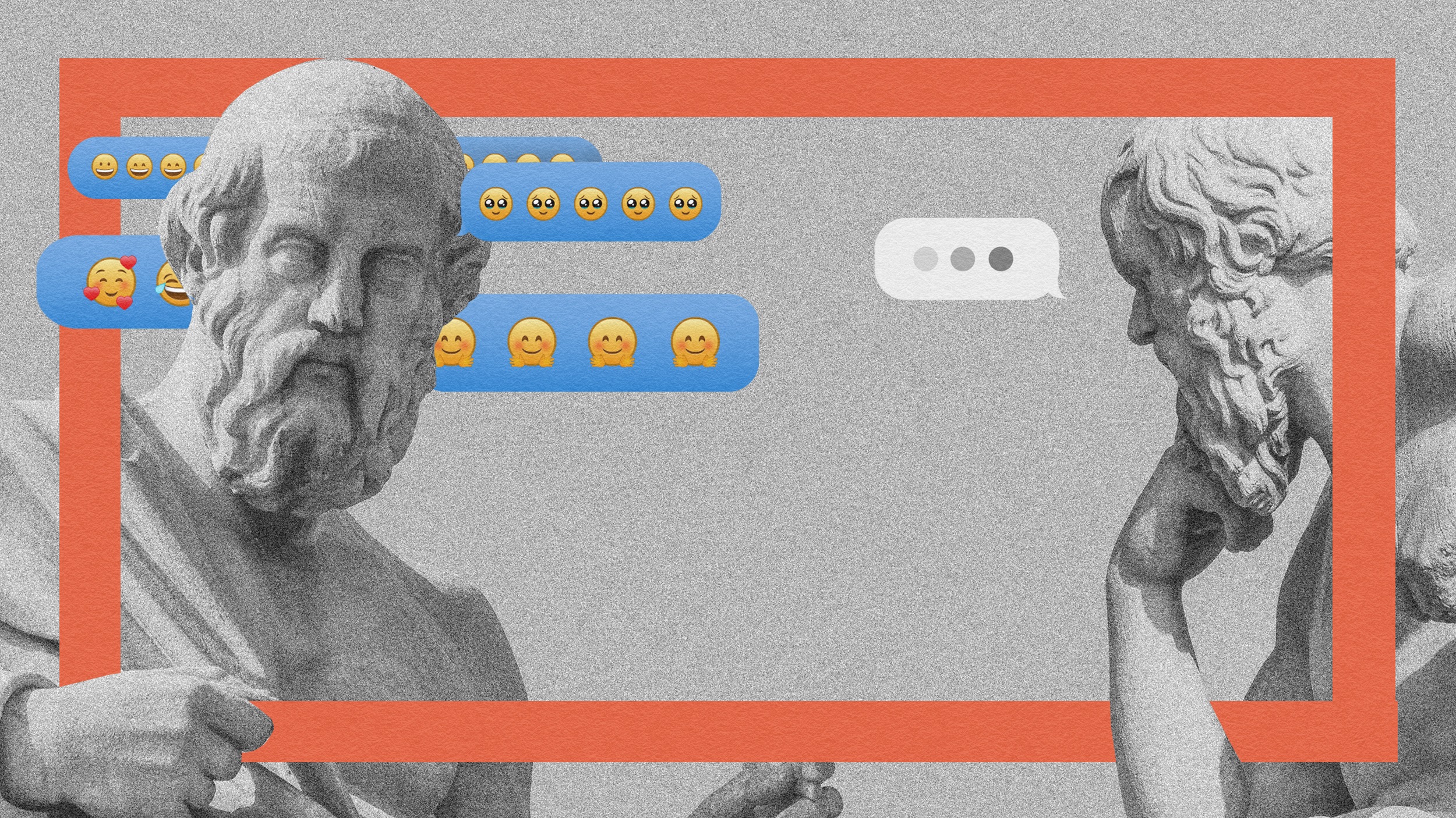 Two ancient statues, framed by red lines, appear to be conversing through modern emoji speech bubbles. One statue displays several emojis, while the other shows a typing indicator.