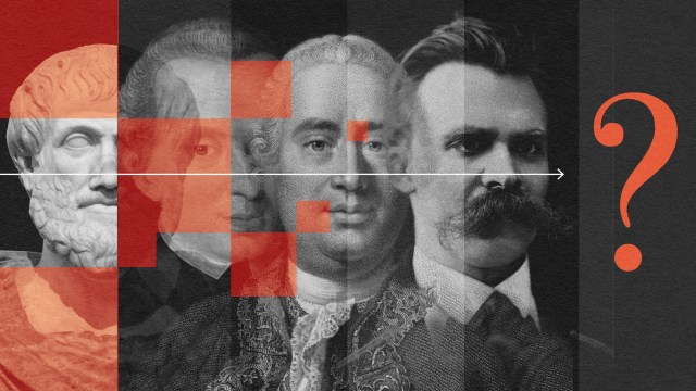 A montage of famous philosophers’ portraits next to a large question mark on the right, intersected by a horizontal arrow.