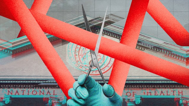 Illustration of a hand cutting red tape with scissors over a government building labeled "National of Health.