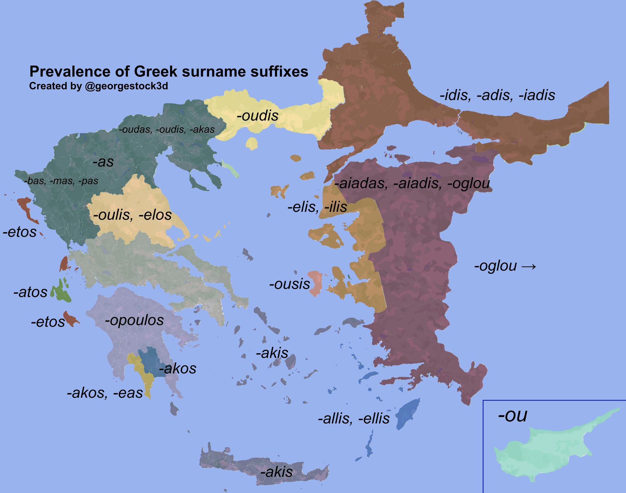 A map of Greece showing the prevalence of different Greek surname suffixes in various regions, including -dis, -oulos, -akis, -oglou, and -ou. The map also includes Cyprus with the -ou suffix.