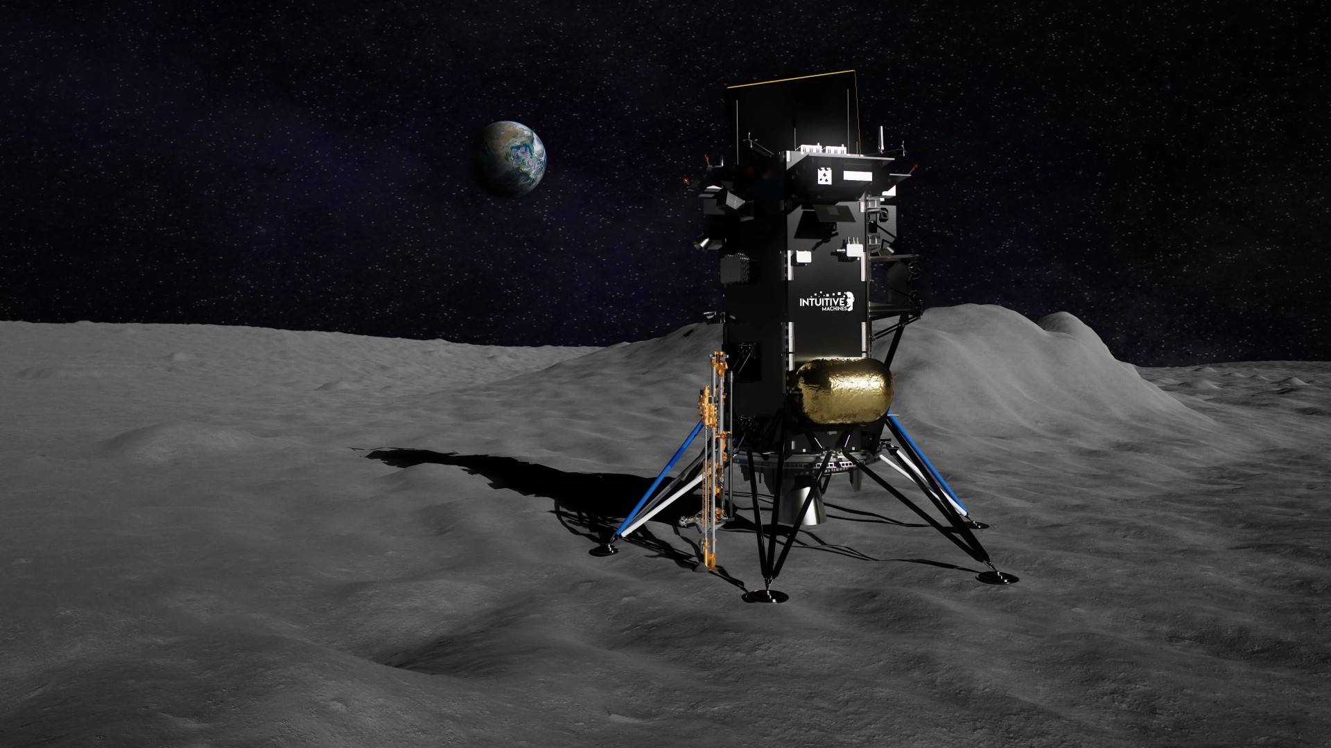 A spacecraft is on the surface of the Moon with Earth visible in the distant background, set against the blackness of space.