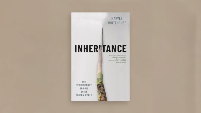 Book cover of "Inheritance" by Harvey Whitehouse. The white cover features a vertical tear revealing a stack of people on one side and a green landscape on the other. Subtext reads "The Evolutionary Origins of the Modern World.