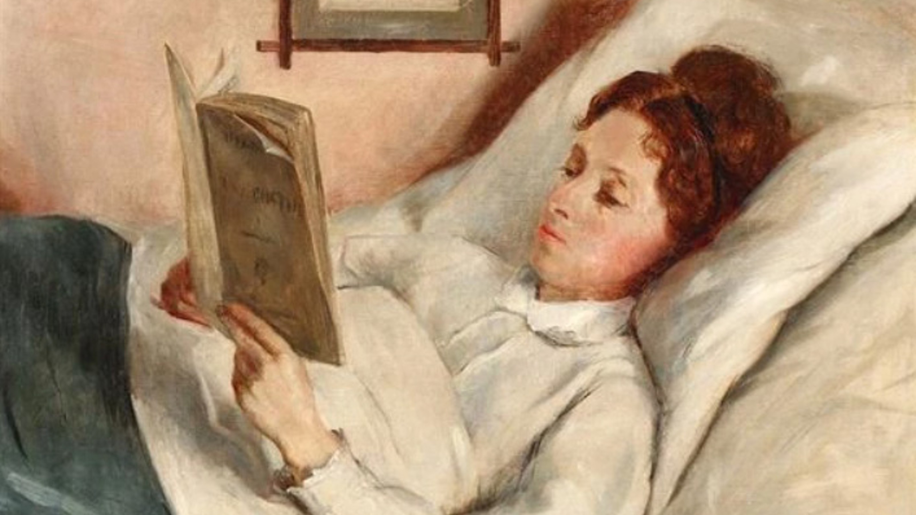 A person lies in bed reading a book, wearing a white blouse, in a painting with soft, muted colors.