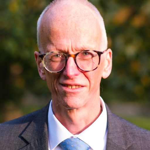 A bald man with glasses, wearing a gray suit, white shirt, and blue tie, stands outside with greenery in the background.