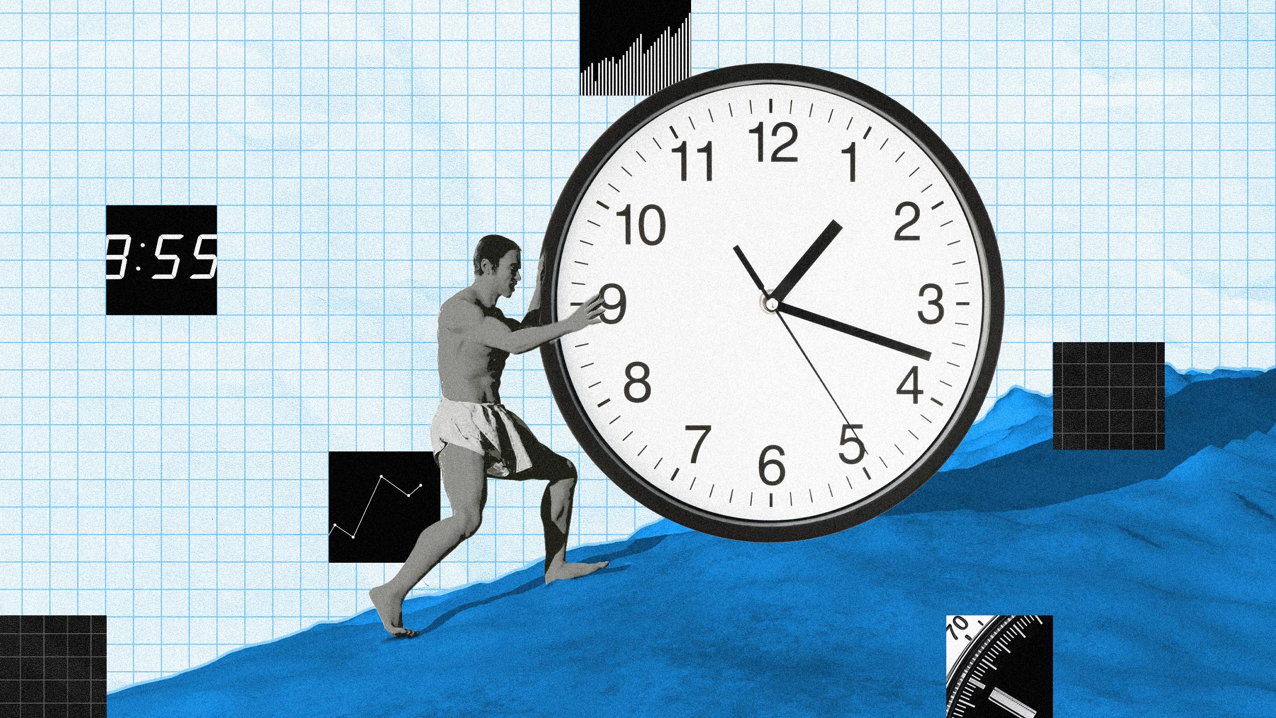 Illustration of a person in athletic shorts pushing a large clock uphill, with various graphs and charts in the background on a grid-patterned surface, reminiscent of an Oliver Burkeman insight on time and productivity.