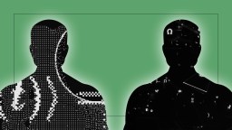 Two stylized silhouettes facing forward: one patterned with digital pixels and another with various symbols, set against a green background.