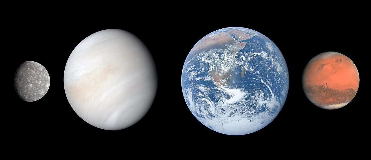 A surprising comparative image showing the sizes of the rocky planets in our solar system: Mercury, Venus, Earth, and Mars, from left to right.