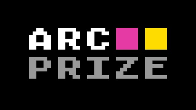 A black background with the text "ARC PRIZE" in pixelated white and grey font. Two colored squares, one pink and one yellow, are placed above the letters "I" and "Z" in the word "PRIZE.