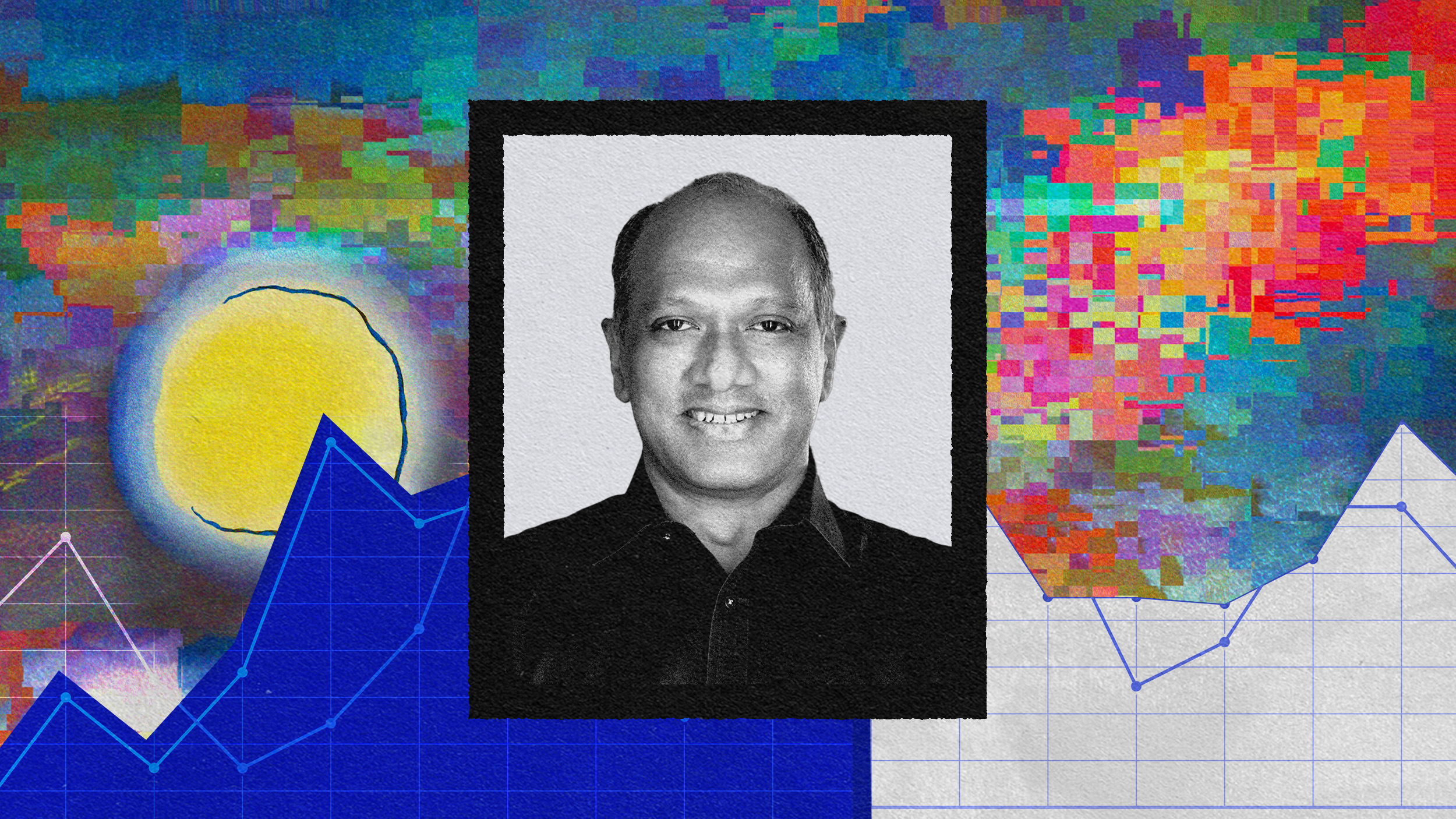 Black-and-white photo of a smiling man centered against a colorful digital background with fragmented pixels, a stylized sun, and graphs on the lower portion, symbolizing elements of an AI strategy.